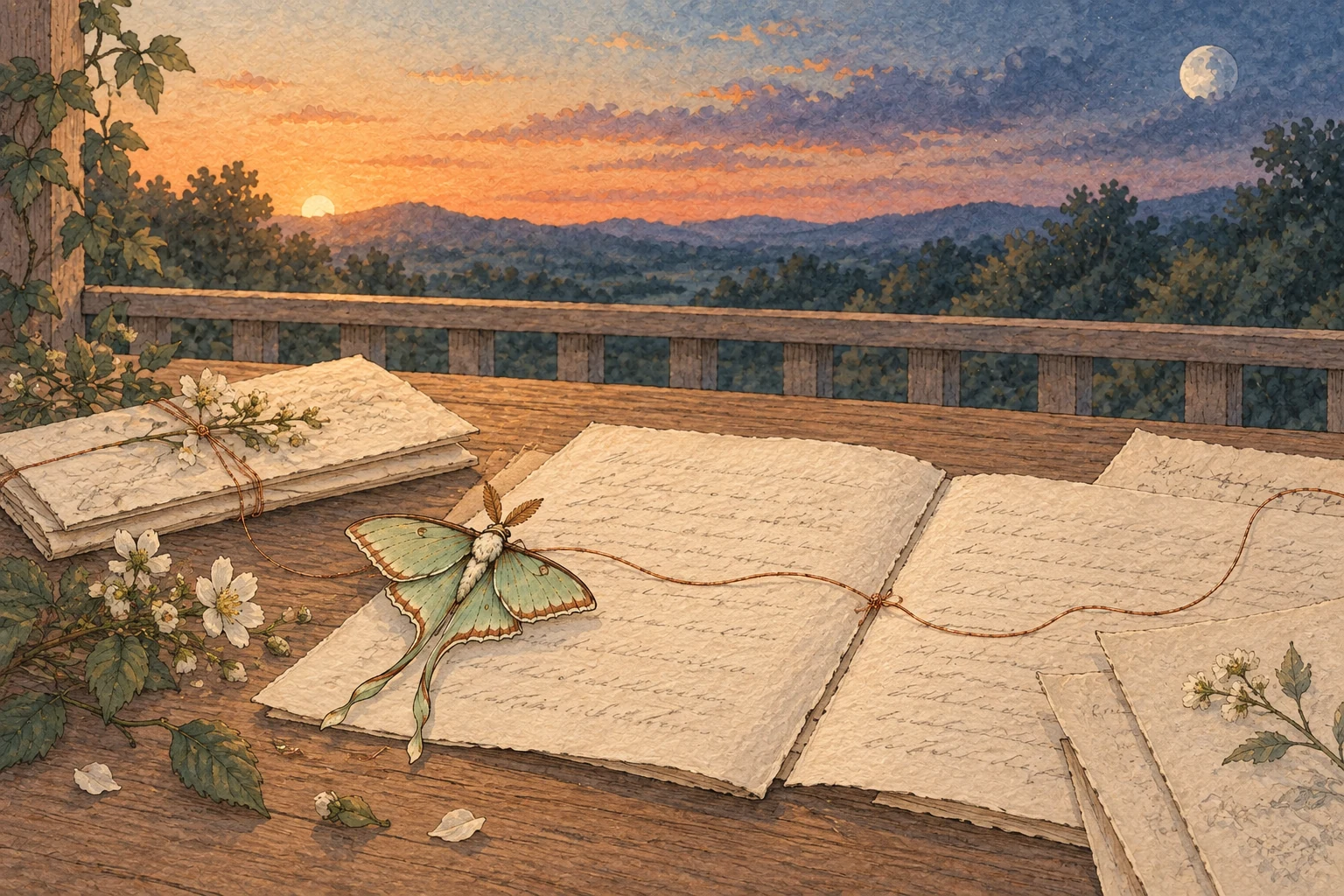 Watercolor pages linked across small gaps by a copper thread, with a jade moth resting at the margin.
