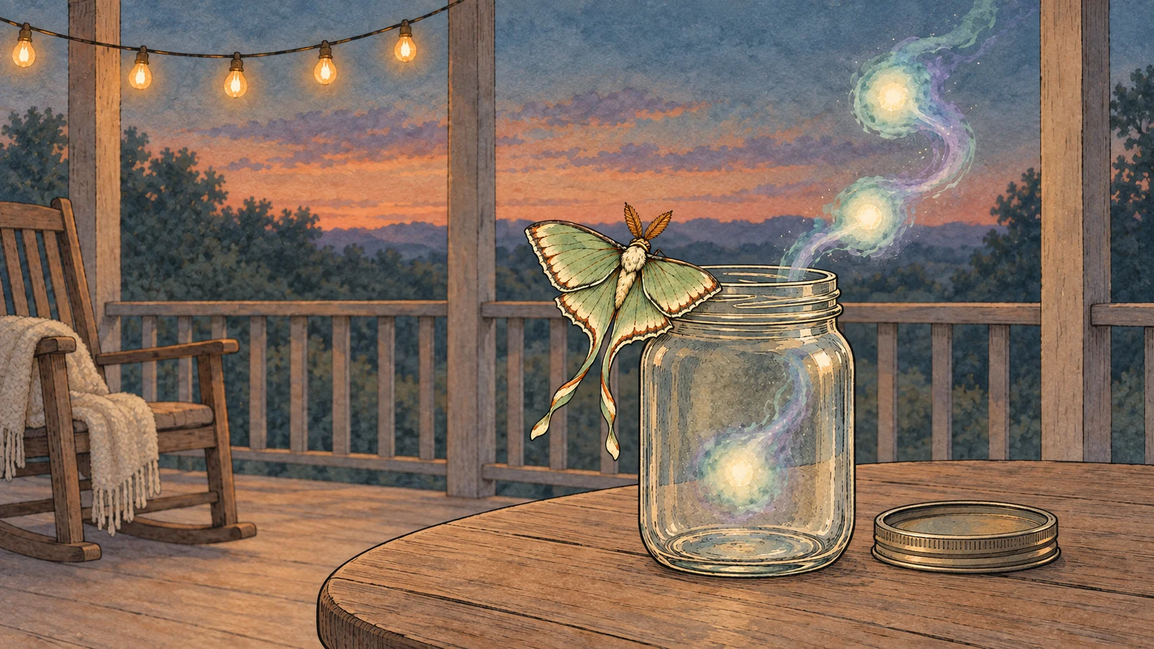 Watercolor evening porch with a moth perched at an open mason jar, its lid beside it and soft nebula lights to the right.